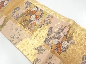 尾長鳥に草花模様織出し袋帯